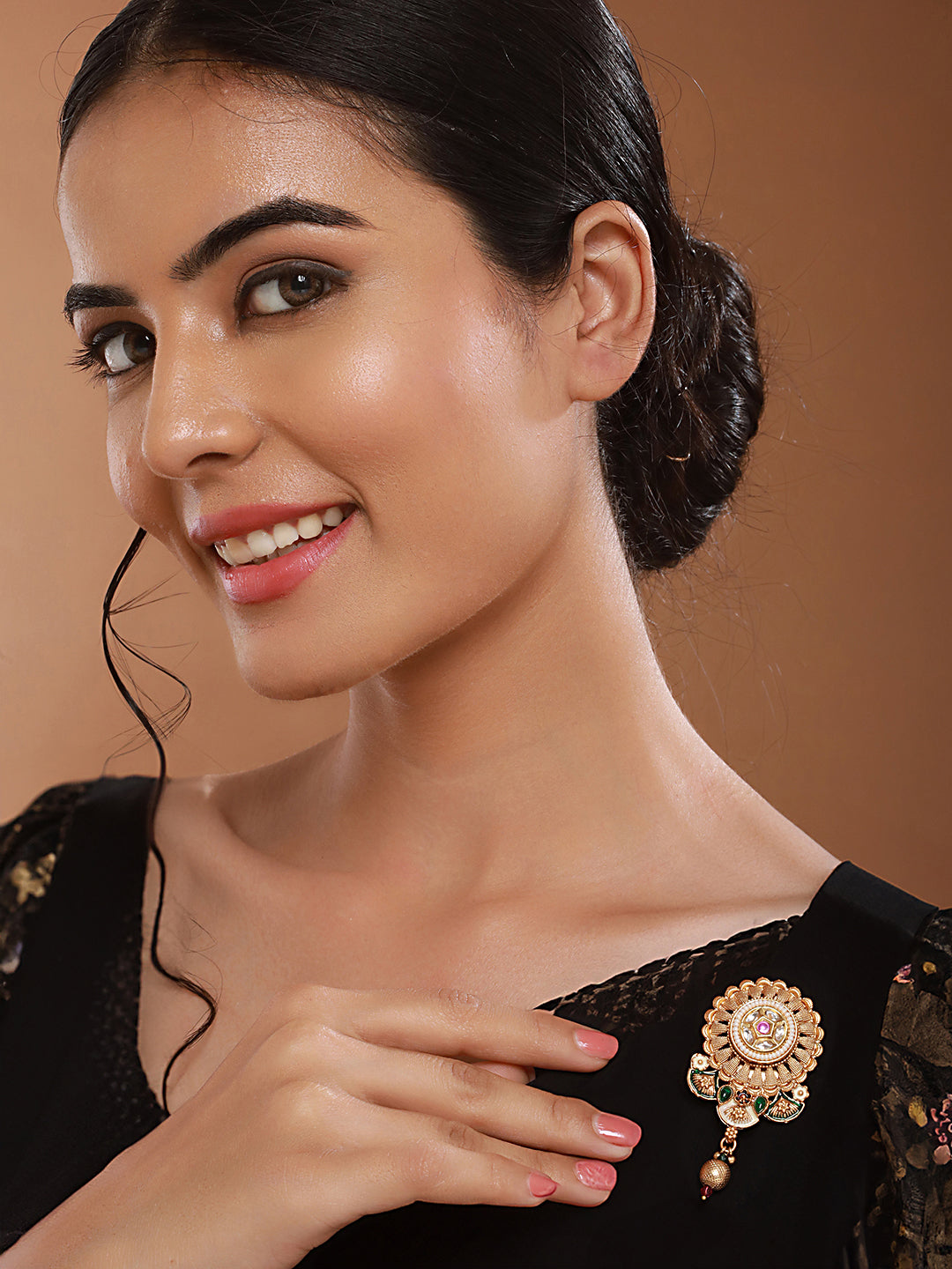 Gold Plated Kundan & Pearl Beaded Floral Broach Saree Pin